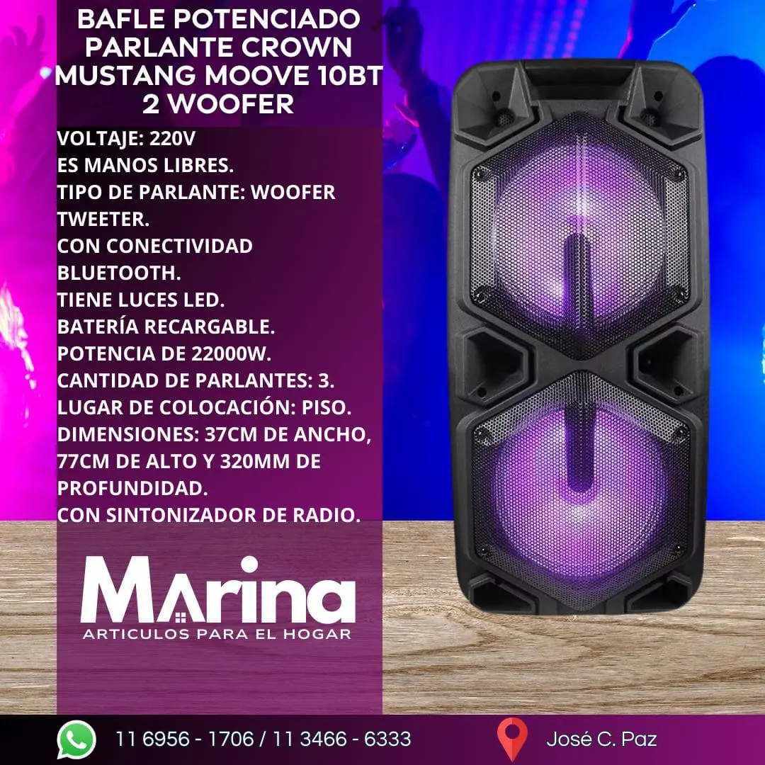 Bafle Potenciado Parlante Crown Mustang Moove 10BT 2 Woofer